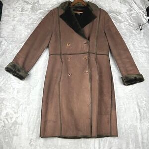 The Limited Brown Faux Suede Fur Trim Double Breasted Long Coat Womens Medium